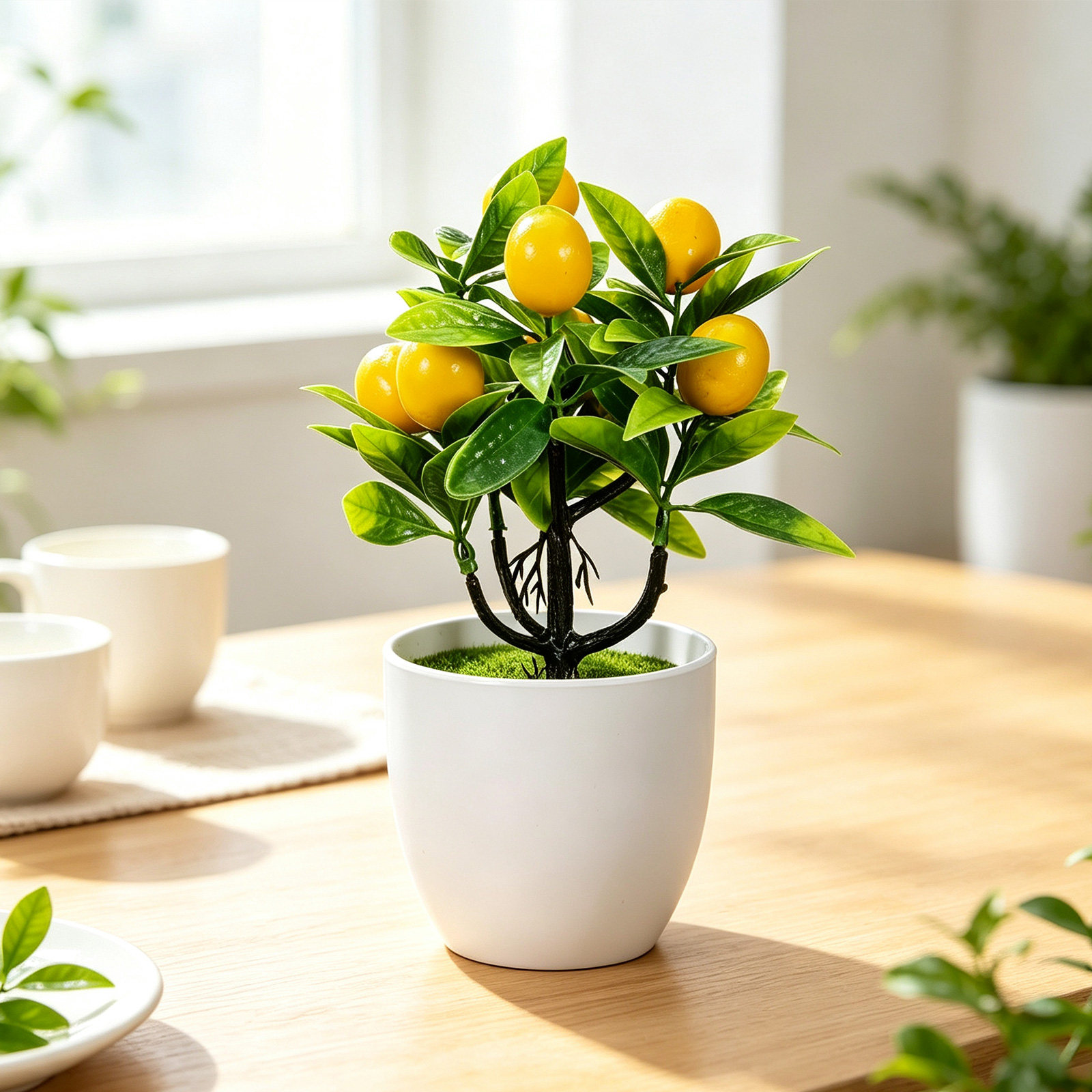 Bonsai Garden And Cafe - 2個入り鮮やかなフェイクレモンツリー、室内装飾用小型人工植物、リビングルーム、本棚、カフェ、庭、卓上ミニ盆栽